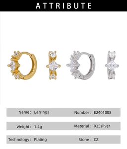 Detailed specs of S925 sterling silver hoop earrings with square CZ stones and 1.4g weight