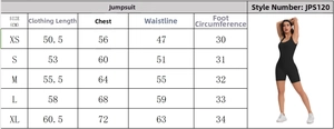 Size chart and measurement guide for seamless sport jumpsuit in various sizes