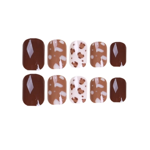 Brown leopard print short square press-on nails with glossy almond and cream finish