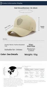 Detailed size guide for cotton baseball cap showing measurements and head circumference info
