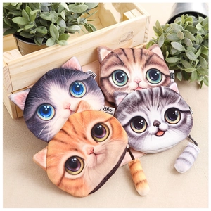 3D Cat Face Plush Coin Purse Cute Novelty Animal Head Shape Small Zipper Pouch With Tail Charm For Earphone Cable Storage