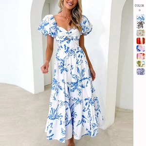 Women Floral Print Maxi Dress Polyester Puff Sleeve V Neck Twist Knot Cutout Tiered Skirt Summer Vacation Boho Elegant