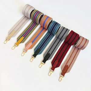 Wide Bag Strap Replacement Woven Polyester Leather Ends Metal Gold Hook Adjustable Geometric Striped Crossbody Handbag