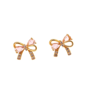 Pink zircon bow earrings in 18K gold plated copper with elegant ribbon design