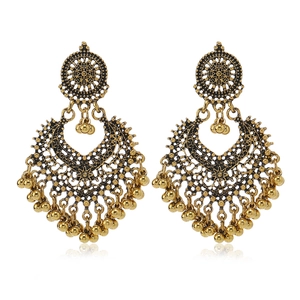 Vintage gold Bohemian Jhumka earrings with hollow heart design and tiny dangling bells