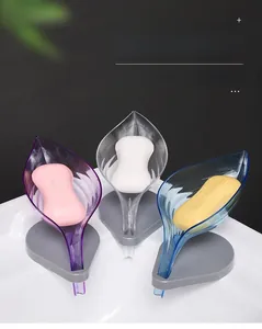 Leaf-shaped soap dish with drainage design in purple, clear, and blue colors