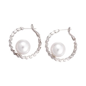 Minimalist silver hoop earrings featuring textured metal and round white pearl accents