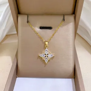 Women Elegant Gold Plated Stainless Steel Necklace With Zirconia Four Point Star Rhombus Pendant Light Luxury Jewelry