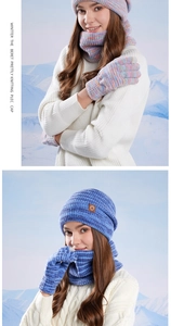 Detailed knit texture of winter hat, scarf and gloves set with thick fleece lining
