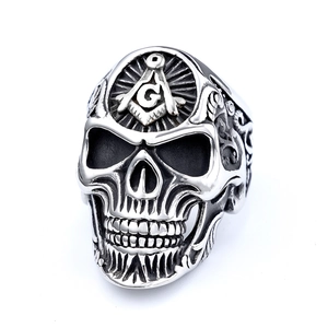 Vintage stainless steel skull ring featuring Freemason G symbol in antique silver finish