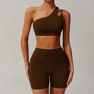 Ensemble soutien-gorge de sport une épaule et short taille haute en 9 couleurs