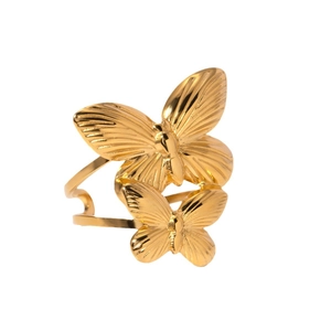 Bague ouverte en acier inoxydable doré 18 carats avec doubles motifs papillons sculptés
