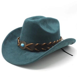 Dark teal faux suede cowboy hat with braided leather band and turquoise stone accent