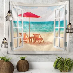 Detailed beach window view tapestry with sand, umbrella and chairs on gray wall