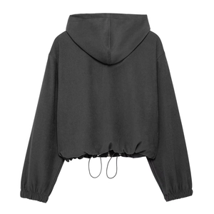 Back view of charcoal grey hooded jacket featuring a drawstring hem and elastic cuffs