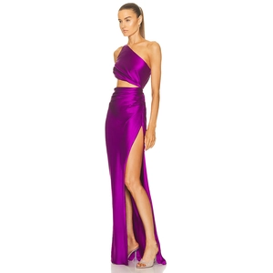 Elegant purple one-shoulder satin dress with waist cutout and high side slit