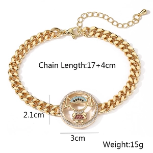 Detailed gold Cuban chain bracelet featuring a zircon girl pendant with dimensions shown