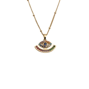 Gold Evil Eye necklace featuring blue stone and colorful gems on detailed bead chain