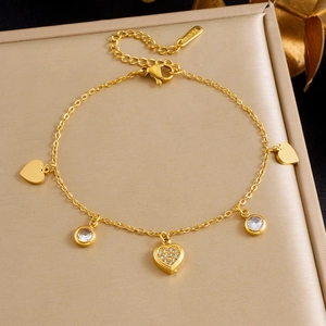 Gold plated stainless steel chain bracelet with heart and zircon flower charms for women