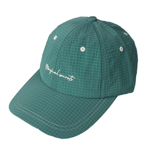 Dark green checkered baseball cap with Magical Secrets embroidery and breathable fabric