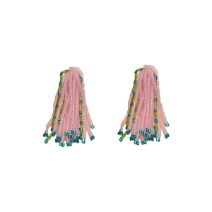 Handmade pink beaded fringe drop earrings with green and blue accents in boho style