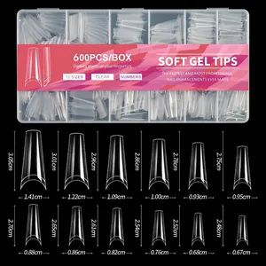 Detailed size chart for 600pcs soft gel ballet nail tips in twelve different dimensions
