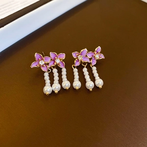 Purple Flower Tassel Earrings With Zircon Imitation Artificial Pearl And Silver Earring Post Elegant Sweet Jewelry For Women