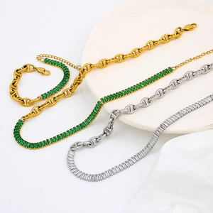 Set di Gioielli in Acciaio Inossidabile a Catena Naso di Maiale Zirconia Rettangolare Oro Argento Collana Bracciale per Donna Lusso Quotidiano