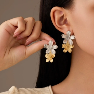 French vintage flower drop earrings with mixed gold and silver petal brushed texture