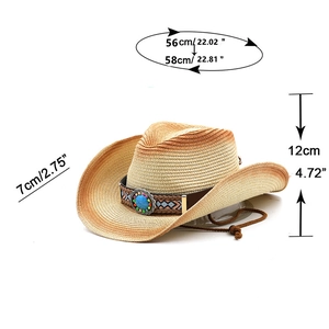 Detail view of woven cowboy hat with size markers for head circumference and brim width