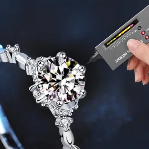 Classic 925 sterling silver moissanite flower ring being tested with a diamond selector pen