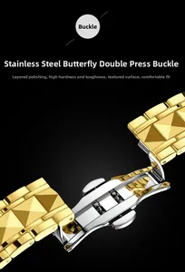 Close-up of dual-tone gold and silver stainless steel watch strap with butterfly buckle