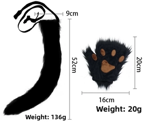 Detail view of plush black faux fur cat paw gloves and tail with precise size measurements