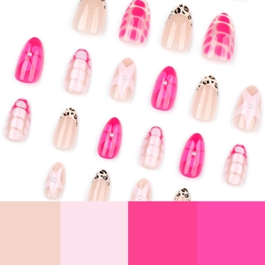 Short almond press-on nails with pink leopard print, 3D stars, and pearl accents