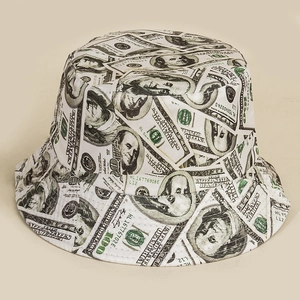 Detailed close-up of white bucket hat featuring all-over US dollar bill money prints
