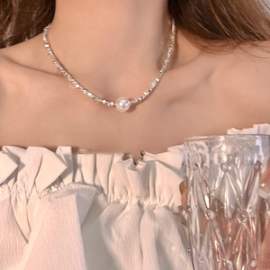 Elegant Alloy Artificial Pearl Necklace For Women Geometric Fragmented Silver Beads Layered Choker Aesthetic Jewelry Gift