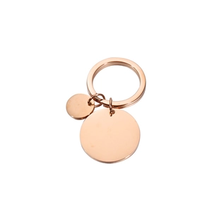Polished rose gold stainless steel round disc keychain tags with dual ring detail