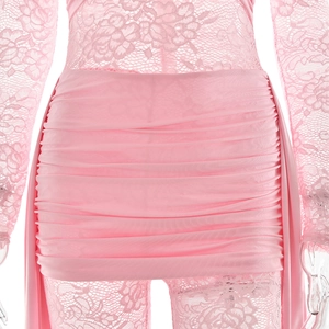 Close-up of pink lace stitching and ruched detail on a slim fit summer bodysuit