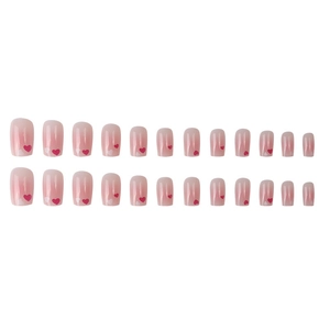 Pink gradient press-on nails set with red and white heart patterns, 24pcs square-oval shape