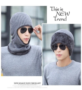 Detailed views of grey knitted balaclava showing full coverage and folded wearing styles
