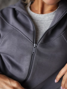 Deep grey slim-fit hooded tracksuit set with zip-up jacket and matching high waist pants