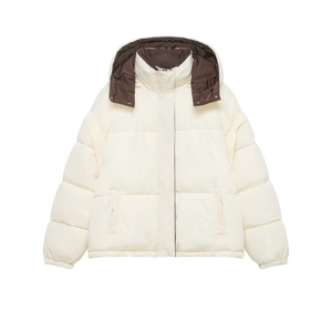 Detail view of cream hooded puffer jacket featuring brown lining and quilted texture