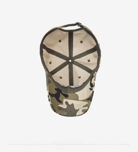 Internal view of camouflage baseball cap showing reinforced seams and adjustable metal buckle