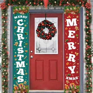 Christmas Door Banners Oxford Cloth Merry Christmas Xmas Hanging Porch Decorations Red Green Outdoor Yard Decor