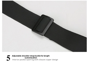 Detail of adjustable black nylon shoulder strap with plastic buckle for women crossbody bag