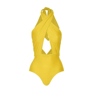 Cross halter one-piece swimsuit in bright yellow with stylish diamond cutout design