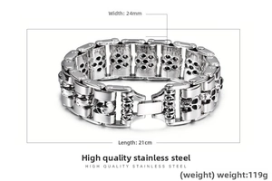 Detailed specs of punk skull stainless steel bracelet, 24mm wide and 21cm long