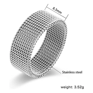 Steel woven mesh ring in stainless steel 8.3mm width shown from a 45-degree angle