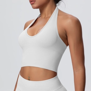 Detail view of the breathable halter neck sports bra and high-waisted leggings set