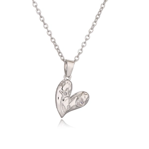 Elegant silver heart pendant necklace with star patterns and sparkling zircons on white